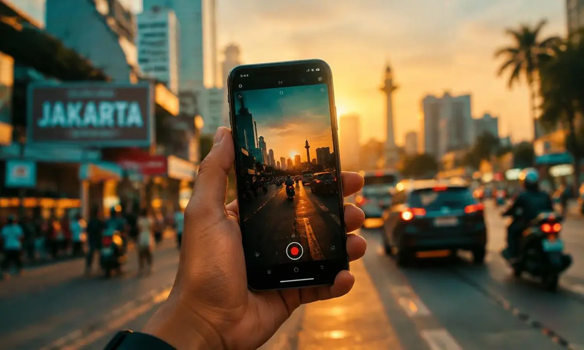 Hand holding a smartphone on a busy Jakarta street at sunset